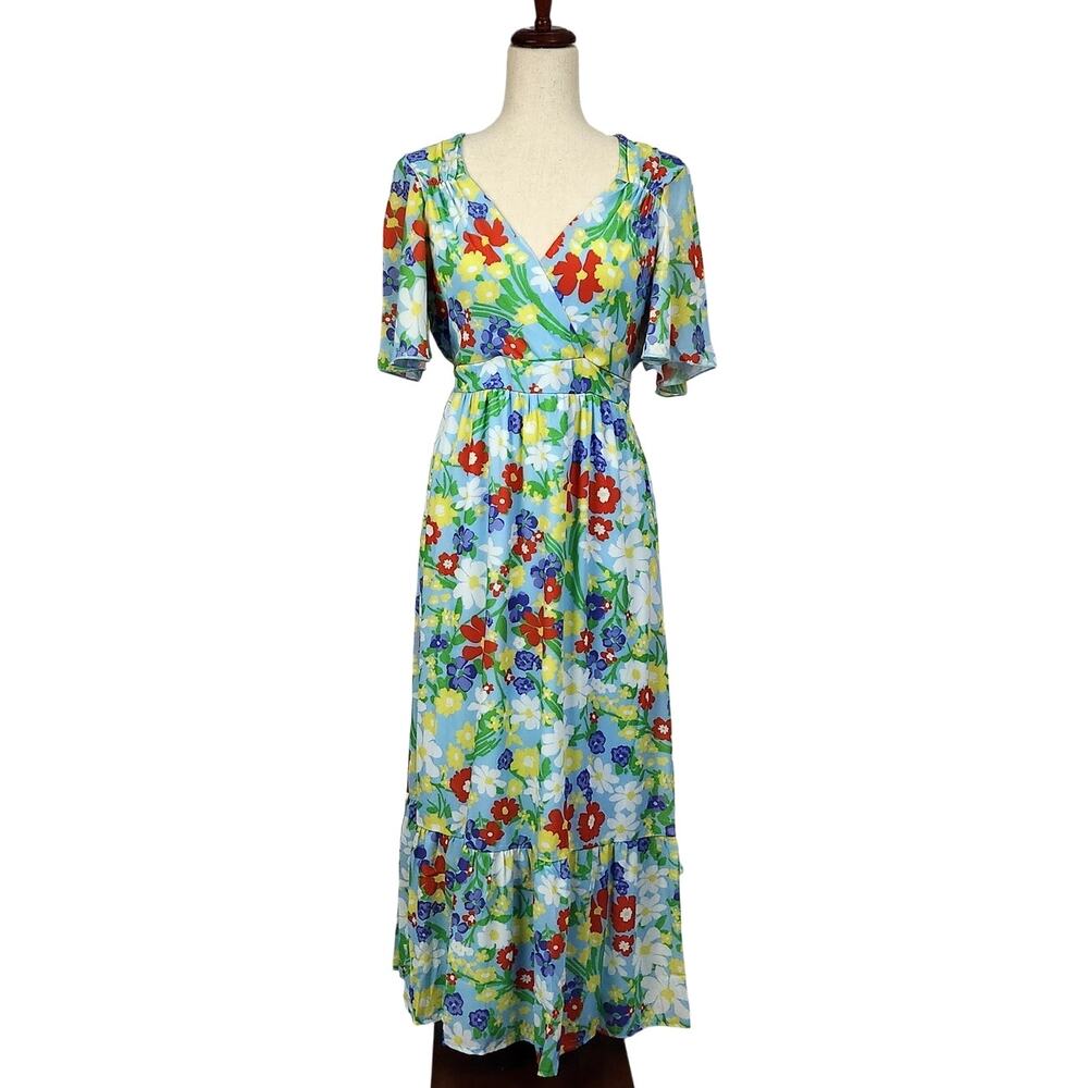 Twisted Wunder Midi Wrap Dress Tie Waist Blue Multi Floral Women's US Size 8 New
